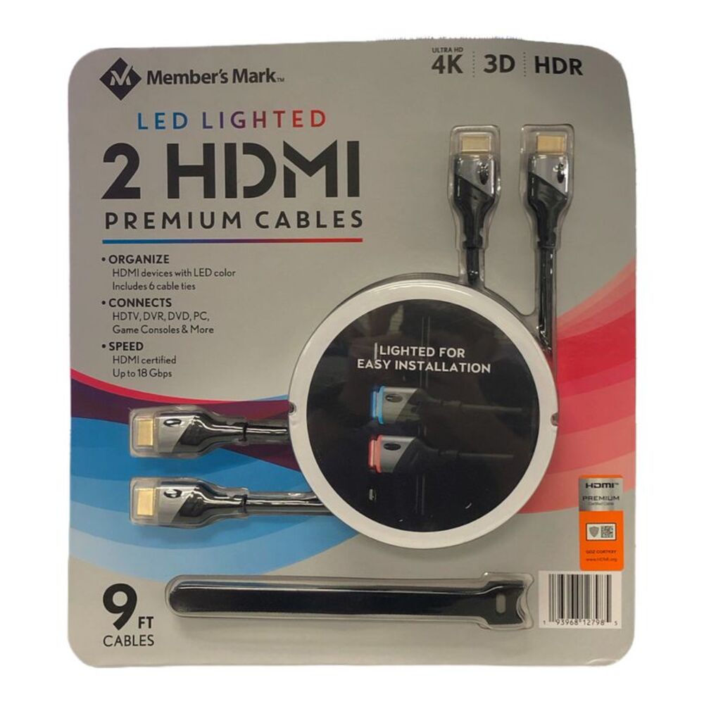 Member's Mark 9FT LED Lighted HDMI Premium Cables, 2 Pack